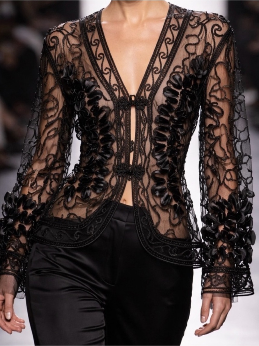 Elegant Formal Black Beaded Long Sleeve Lace Cardigan evening jacket